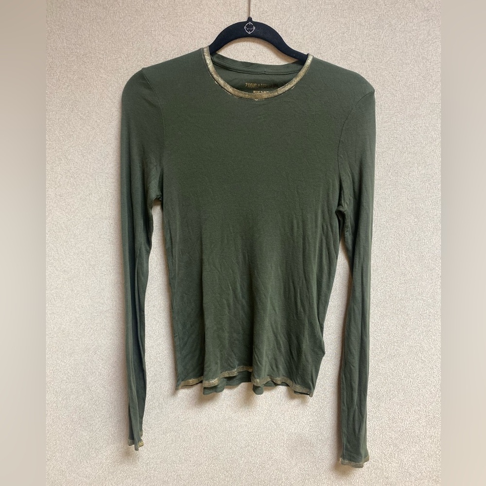Zadig & Voltaire Willy Gold Long-Sleeve Tee Olive Size Small - Picture 6 of 12